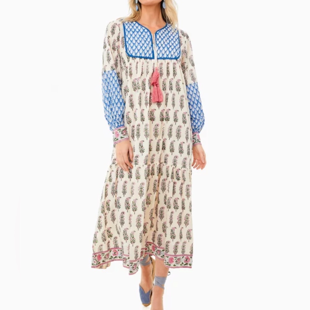 Boho Maxi Dress with Blue Yoke and Tassel Detail